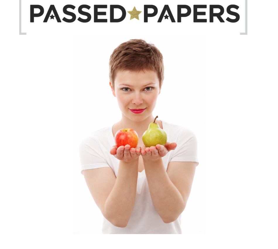 How effective is your decision-making style? Woman holding up an apple and a pear.
